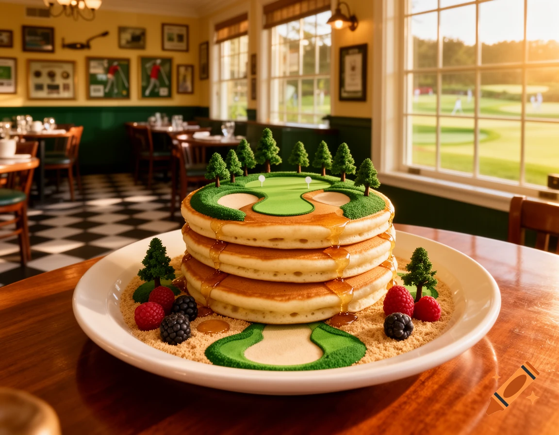 A stack of pancakes decorated like a golf course with trees and a flag, drizzled with syrup and served with berries, on a table in a bright restaurant overlooking a golf course.