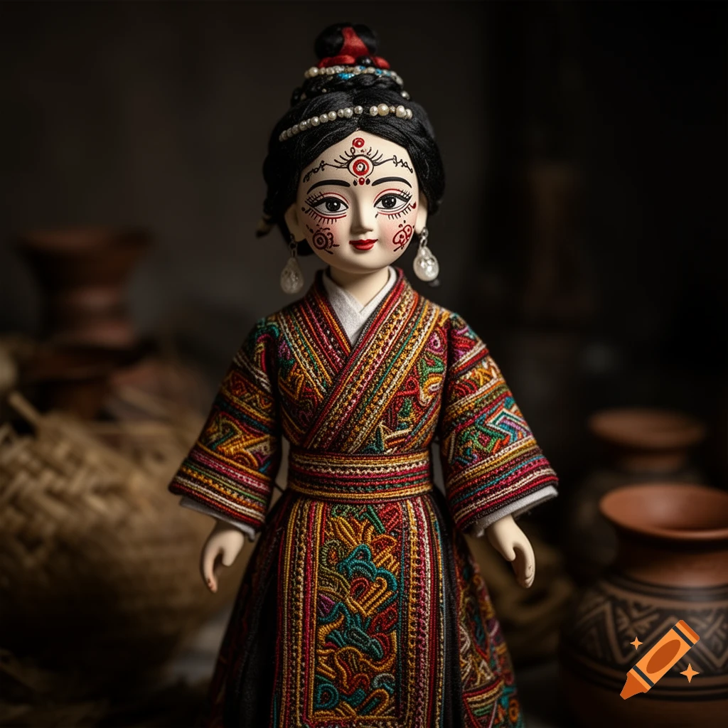 A photorealistic doll with intricate facial markings and dark hair, adorned in a vibrant, multi-colored embroidered traditional dress and pearl earrings, set against a dark background with pottery.