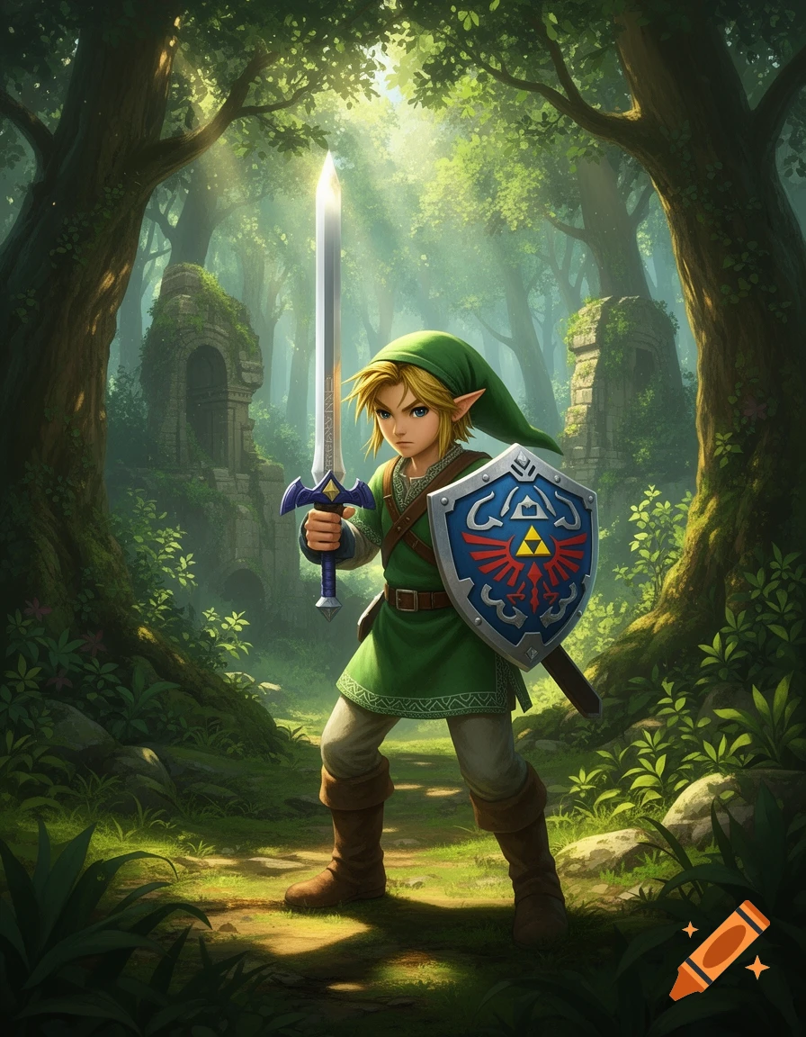 Link from The Legend of Zelda stands in a sunlit forest, holding the Master Sword and Hylian Shield, in an illustrative style.