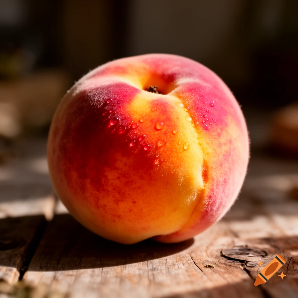A vibrant red and yellow fuzzy peach covered in water droplets sits on a rustic wooden table under direct sunlight, photorealistic.