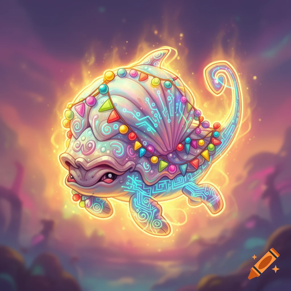 A glowing, mollusk-like fantasy creature with circuit board patterns and colorful festive garland, against a purple and orange background.