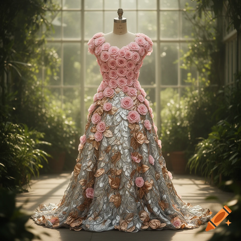 A stunning dress made of pink roses and metallic silver and gold leaves on a mannequin in a sunlit greenhouse.