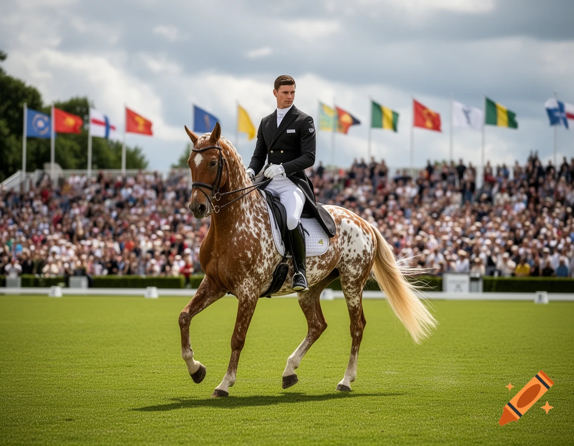 A male rider on a dappled brown and white horse performs dressage in a grassy arena with spectators and flags.