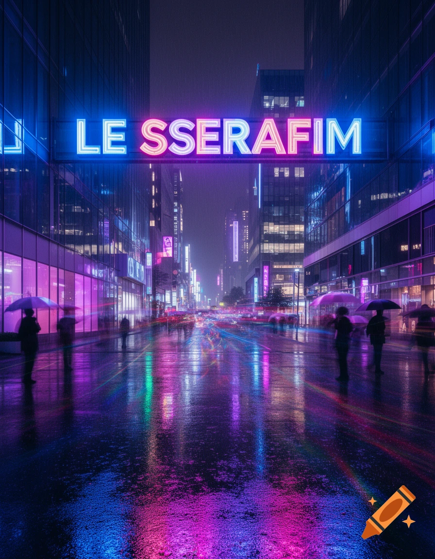 A vibrant, rain-slicked city street at night, with a "LE SSERAFIM" neon sign glowing above and colorful reflections on wet pavement.
