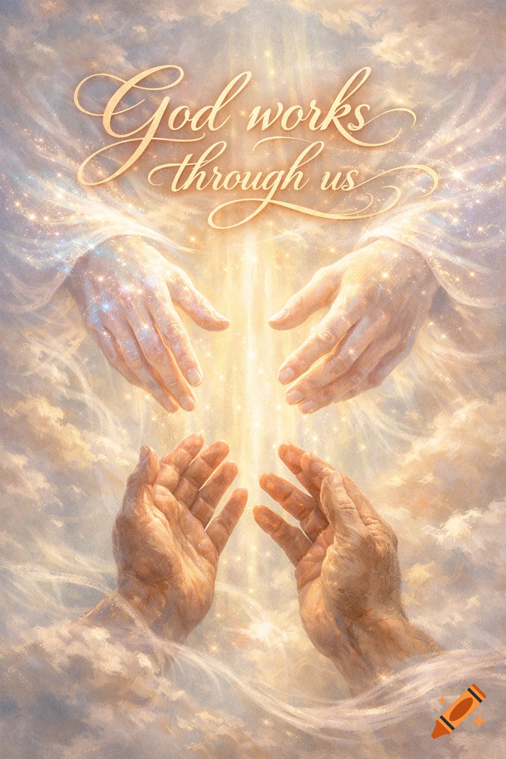 Ethereal image of divine hands over human hands, surrounded by glowing light and clouds, with the text "God works through us" above.