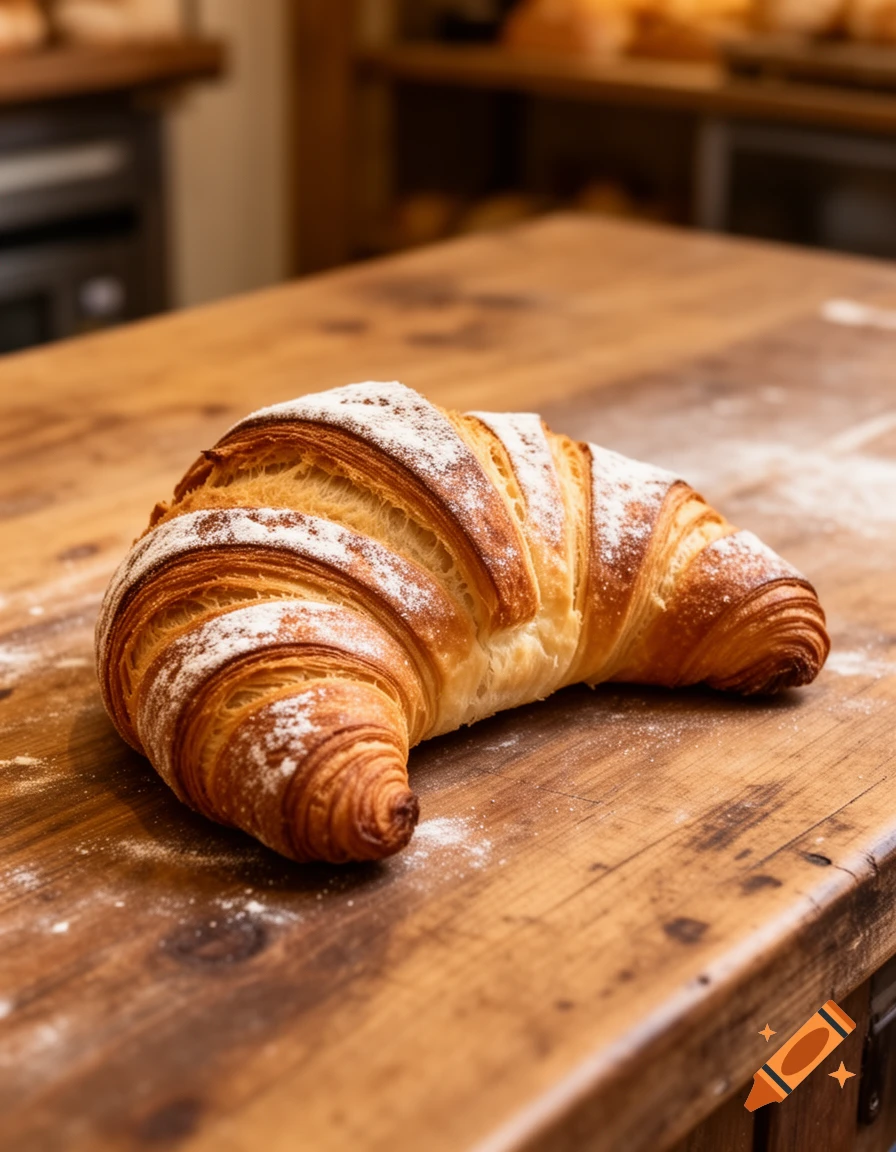 A golden-brown croissant dusted with powdered sugar rests on a rustic wooden table with flour scattered around it in a bakery setting.