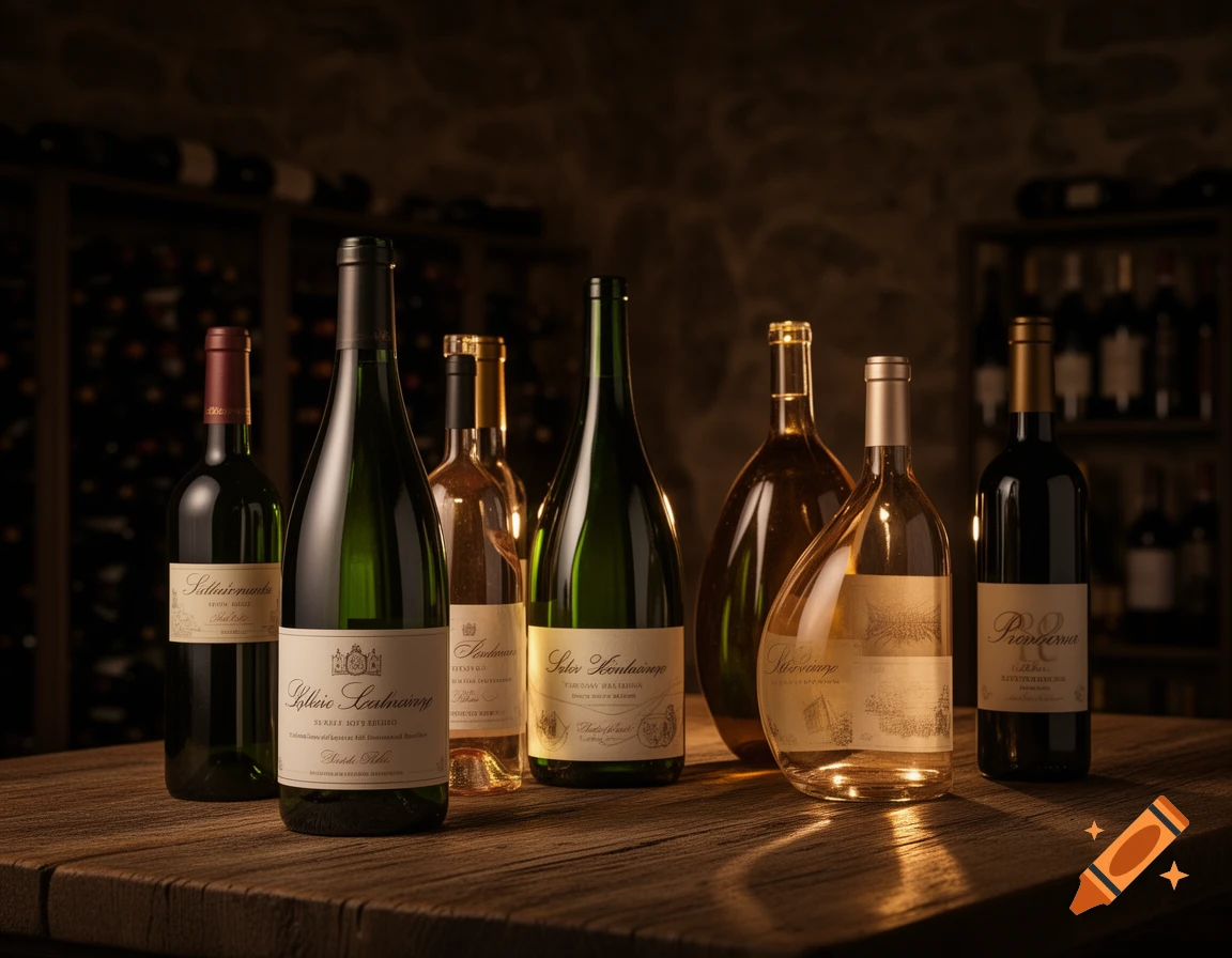 Several wine bottles, including green, clear, and dark glass, with labels, on a wooden table in a dimly lit wine cellar.