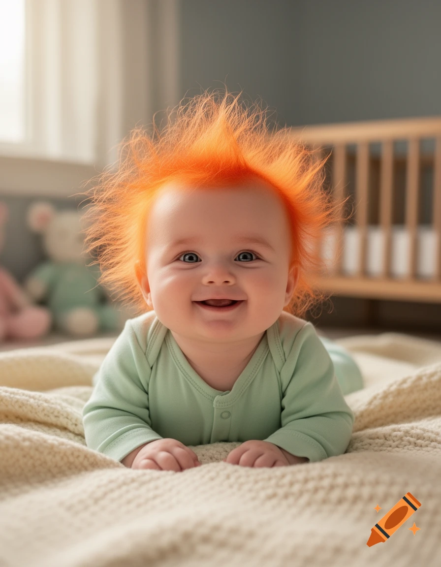 A smiling baby with bright orange spiky hair lies on a textured blanket in a nursery, photorealistic.