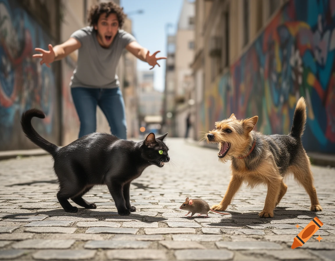 A black cat, a small brown dog, and a mouse face each other on a cobblestone street as a person reacts in the background.