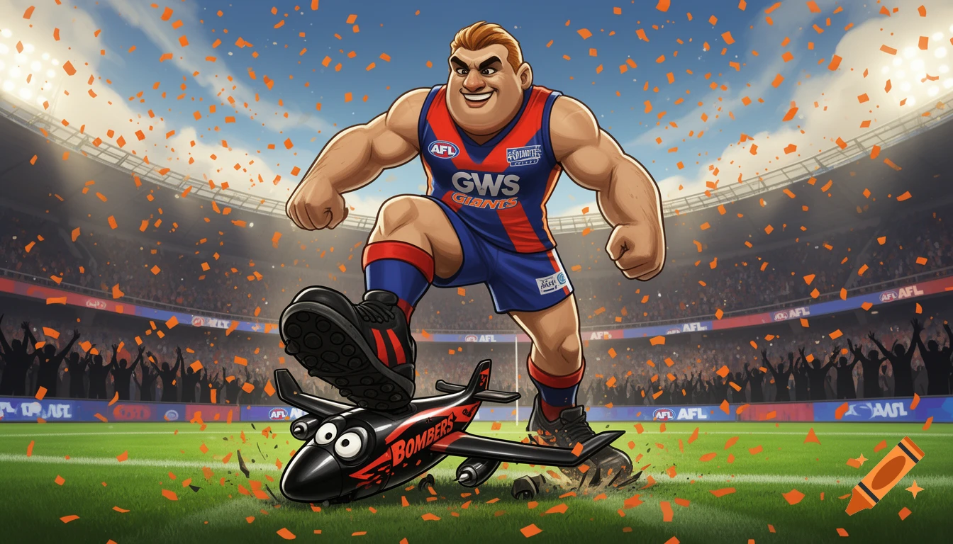 A cartoon GWS Giants mascot stomps on a black Essendon Bombers airplane on a football field with orange confetti falling.