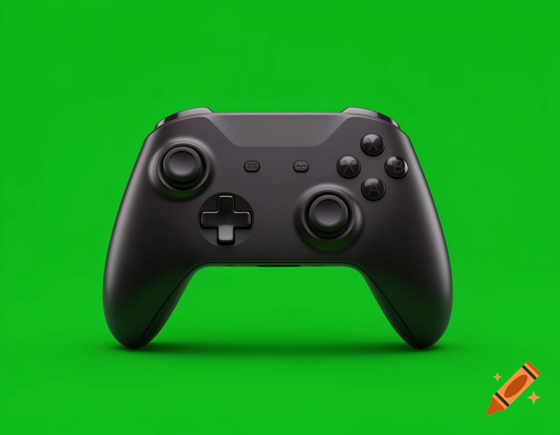 A black game controller with visible buttons and joysticks on a vibrant green background, rendered photorealistically.