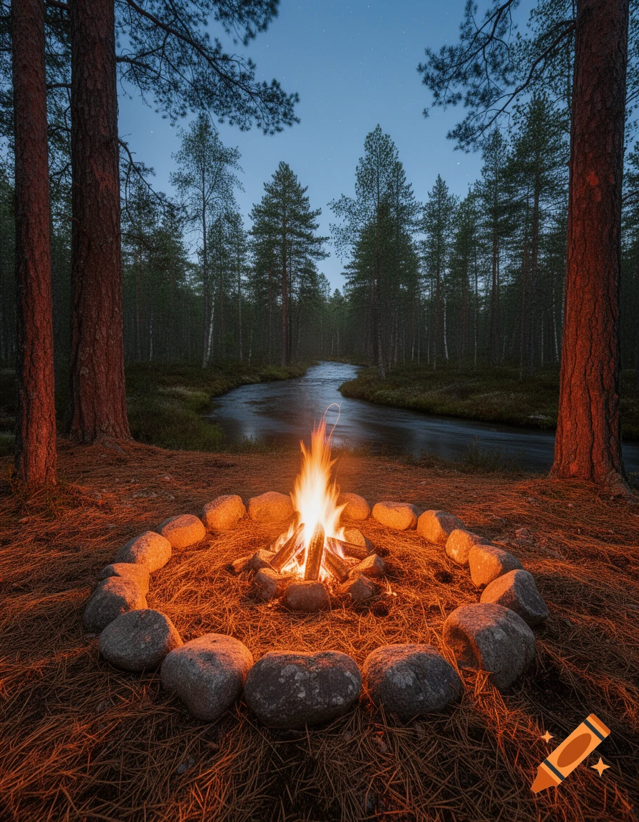 A photorealistic image of a campfire in a stone ring on a pine needle-covered forest floor, with a river and trees under a starry twilight sky.