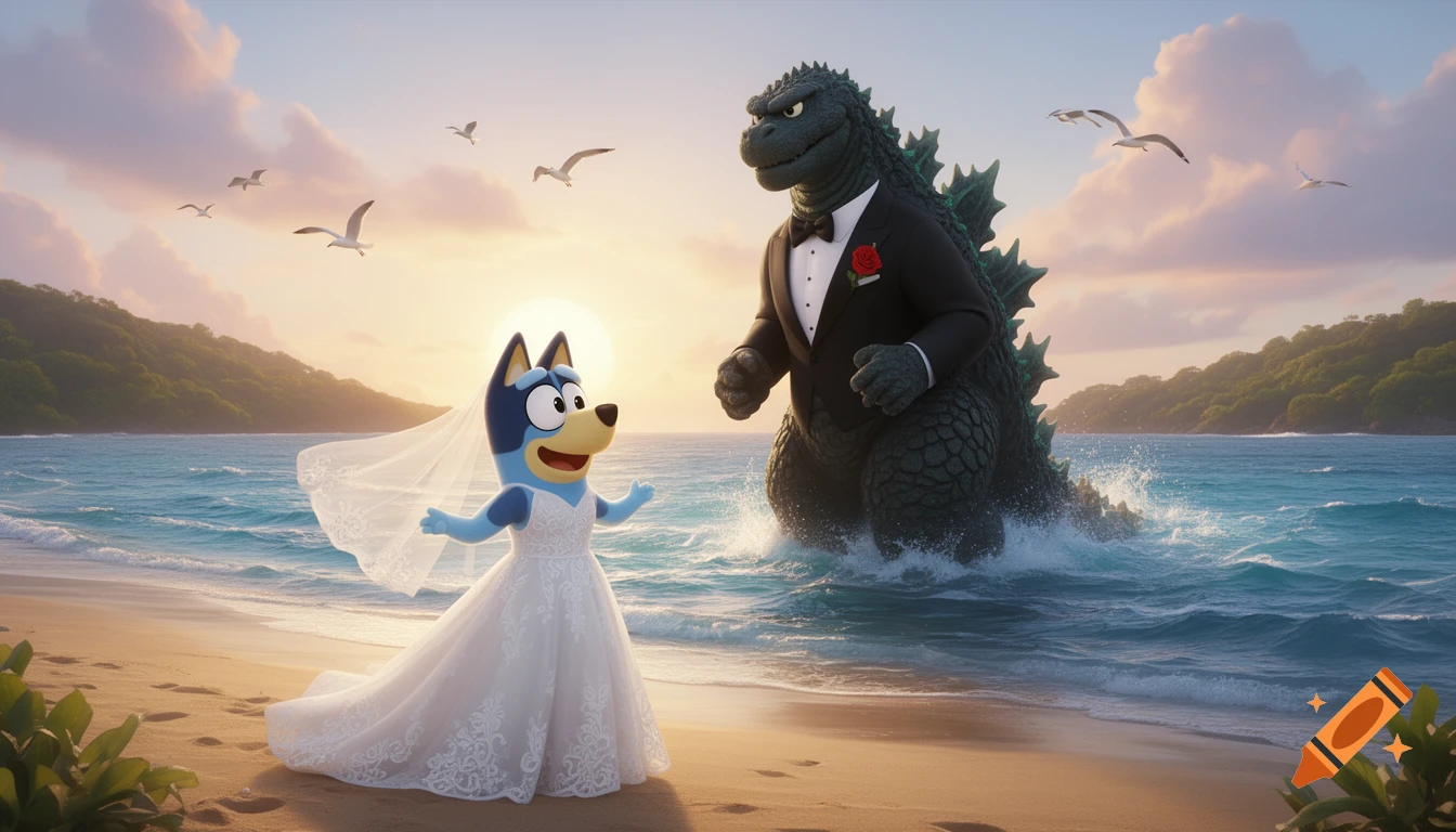 Adult Bluey in a wedding dress on a beach, facing Godzilla in a tuxedo rising from the ocean at sunset.