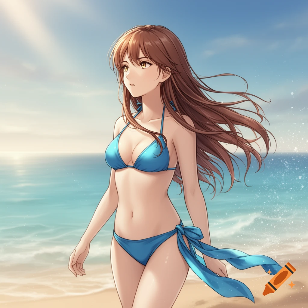 Anime girl with brown hair walking on a beach in a blue bikini with the ocean in the background.