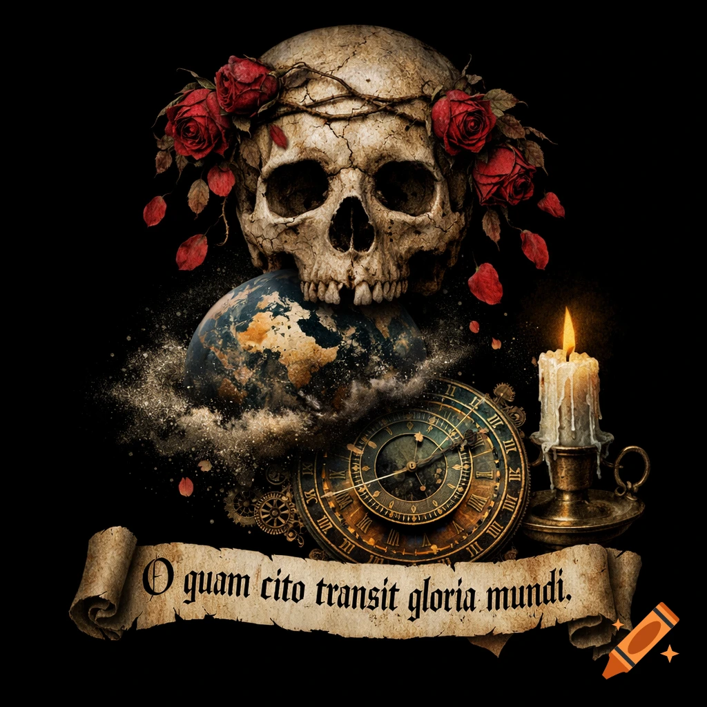 A surreal memento mori image featuring a skull adorned with red roses on top of planet Earth, with an astronomical clock, a dying candle, and a parchment scroll displaying "O quam cito transit gloria mundi" against a black background.