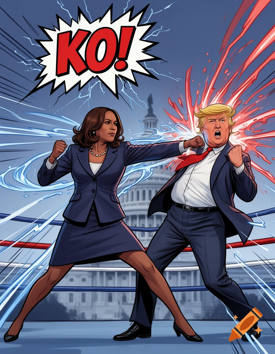Comic book art of Kamala Harris punching Donald Trump in a boxing ring, with KO! text overhead and the Capitol building in the background.