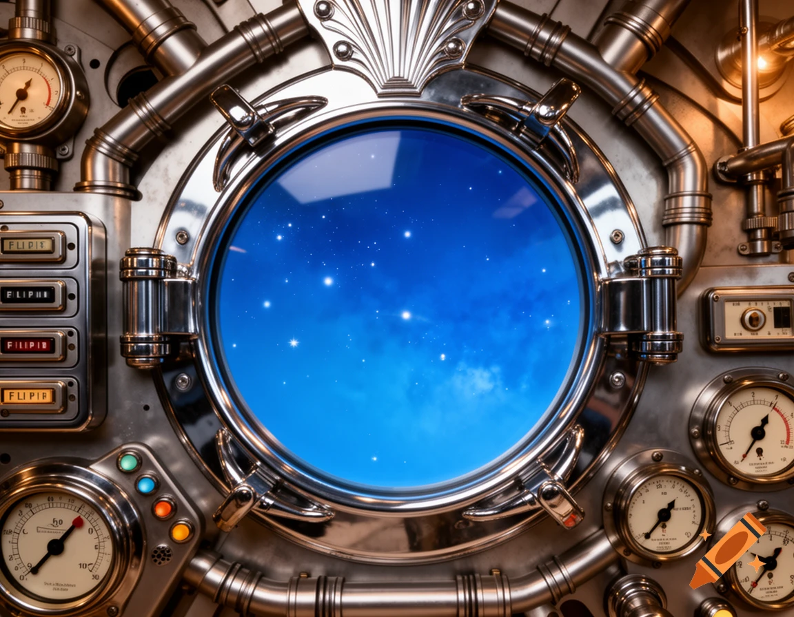 Photorealistic retrofuturistic chrome porthole with pipes, gauges, and flip boxes, looking out at a blue, star-filled space.
