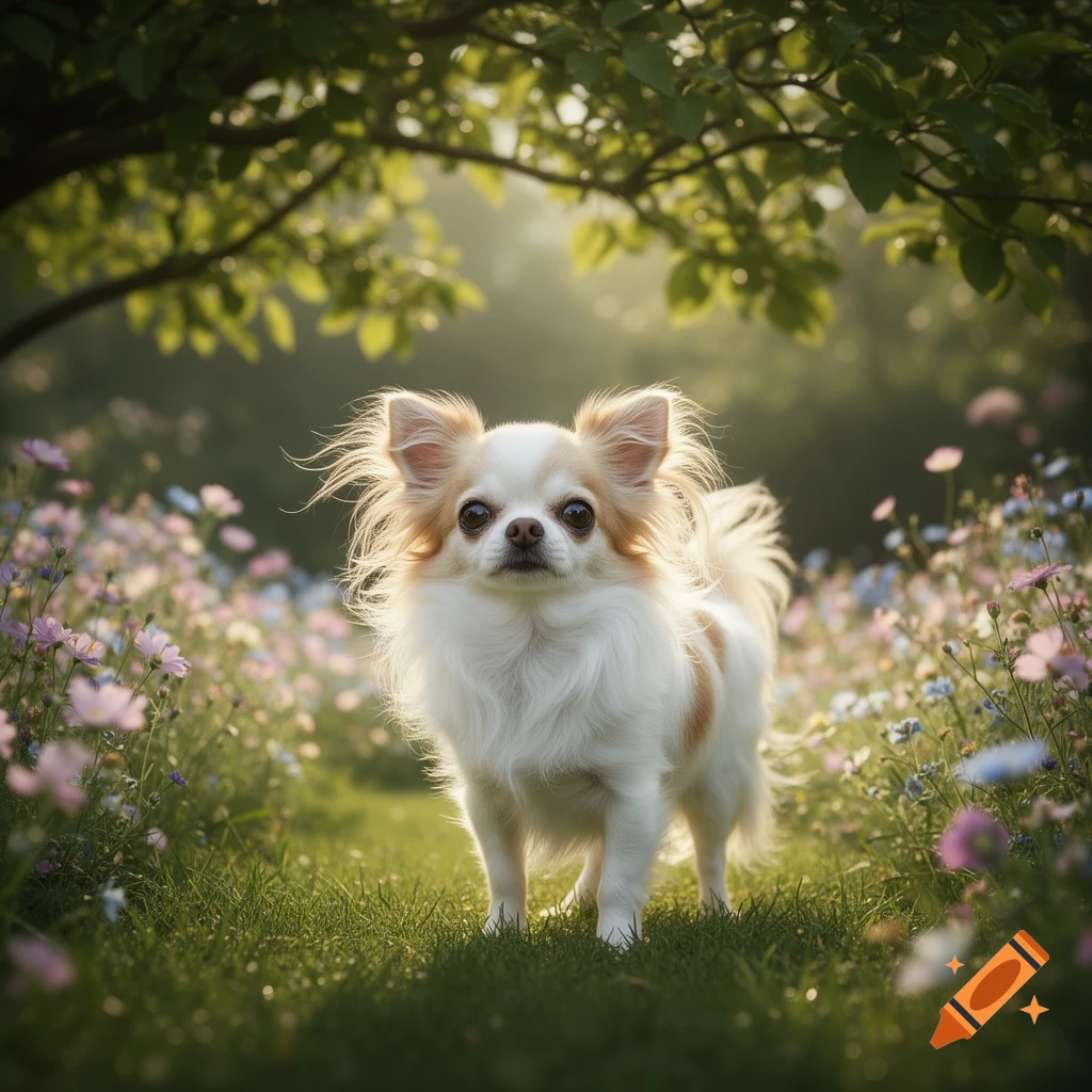 Photorealistic long-haired white and tan chihuahua stands in a field of pink and purple wildflowers.