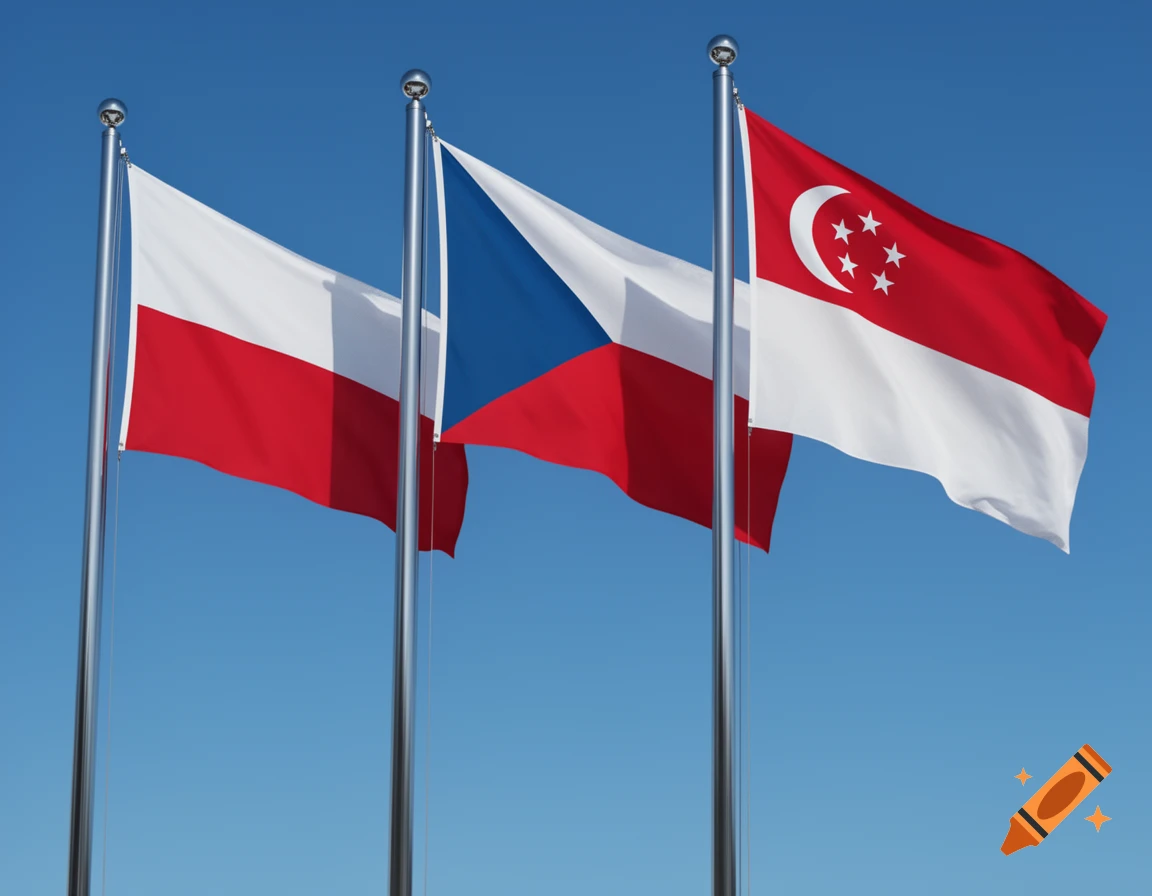Flags of Poland, Czech Republic, and Singapore waving against a clear blue sky.