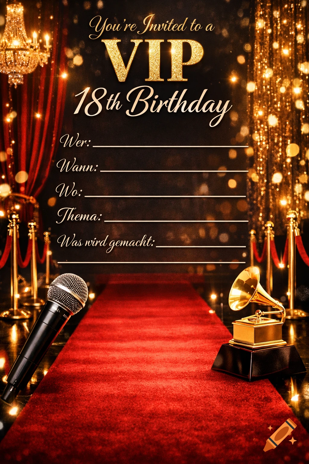 A red carpet VIP 18th birthday invitation with a microphone, gramophone, golden lights, and fill-in-the-blank text fields.