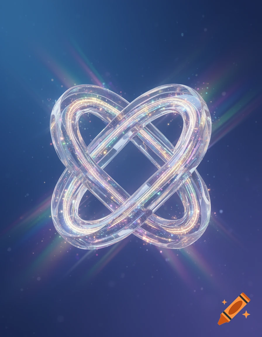A sparkling, iridescent clear glass-like knot structure against a deep blue background with colorful light rays, 3D render.