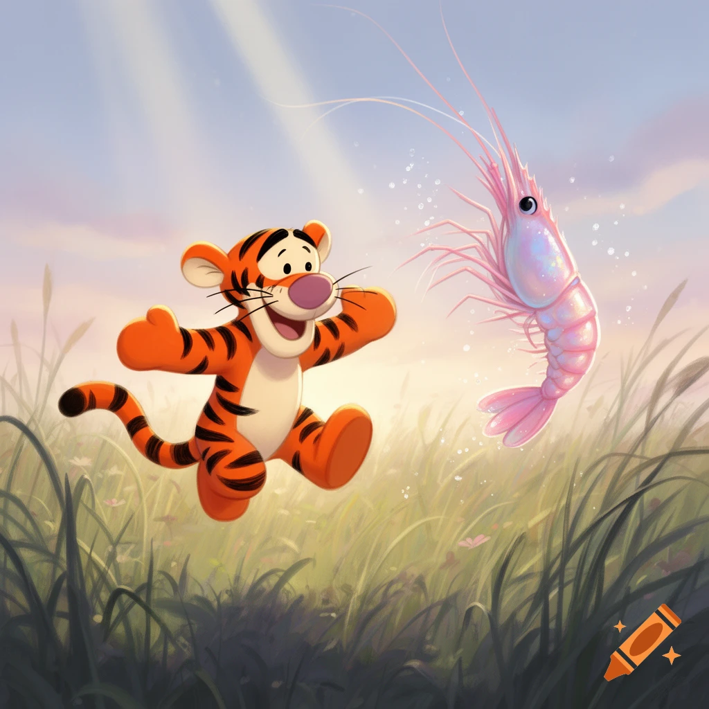 Cartoon Tigger jumps in a grassy field, happily looking at a large, glowing pink shrimp floating in the sky.