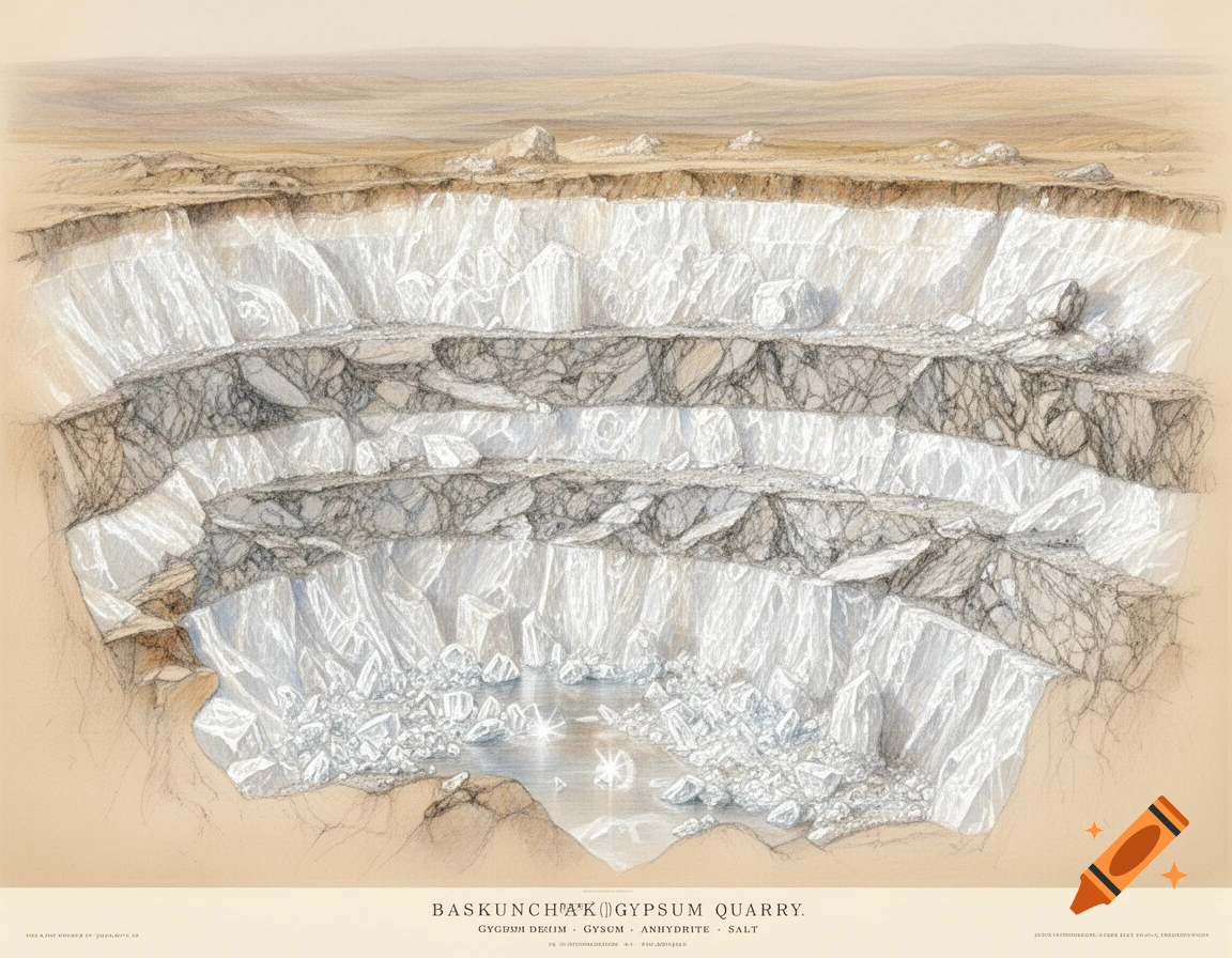 Detailed scientific illustration of a Baskunchak gypsum quarry cross-section, showing gypsum, anhydrite, salt layers, and a water pool.