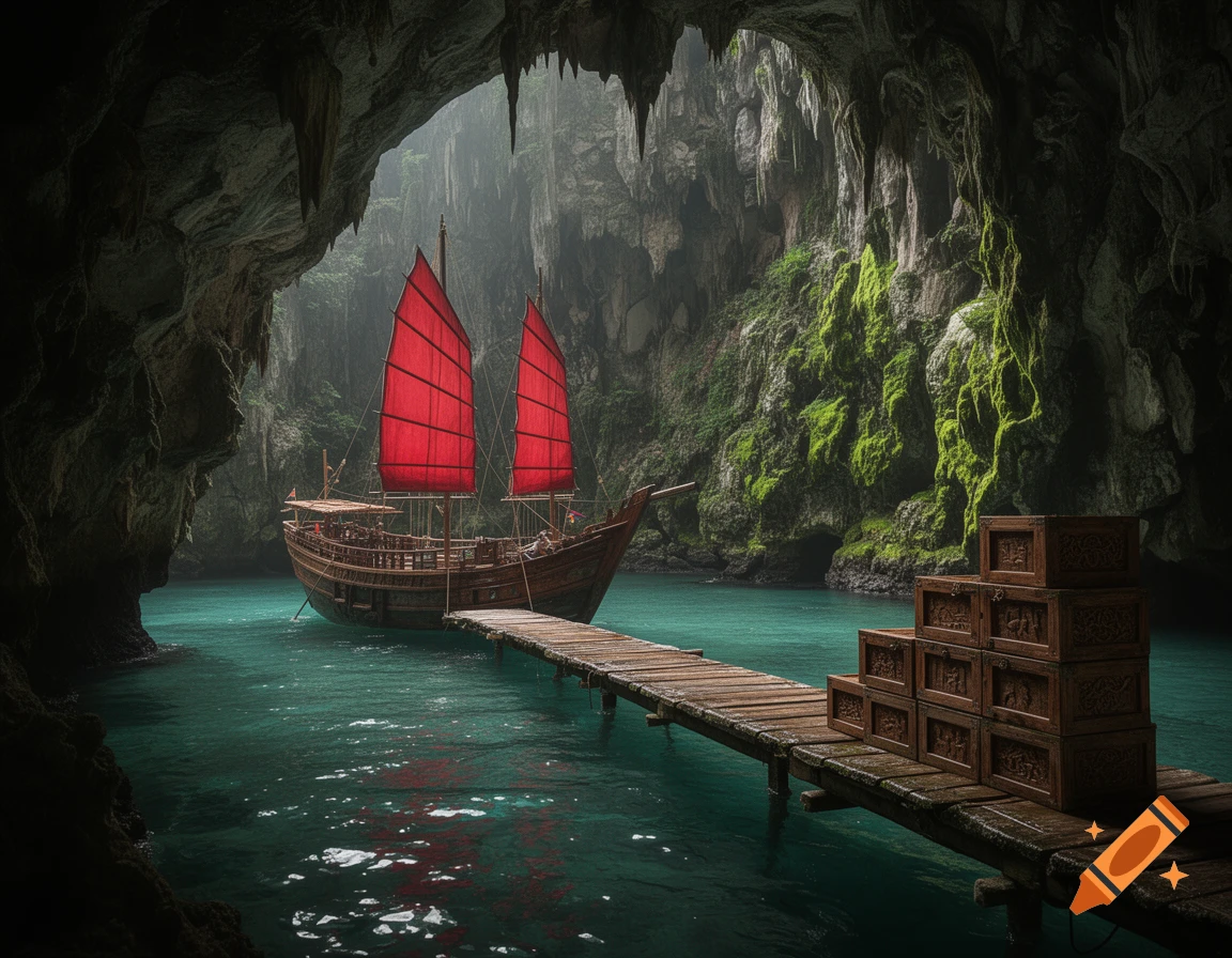 An Asian junk boat with red sails docked at a wooden pier inside a misty sea cave, with stacked wooden crates on the pier.