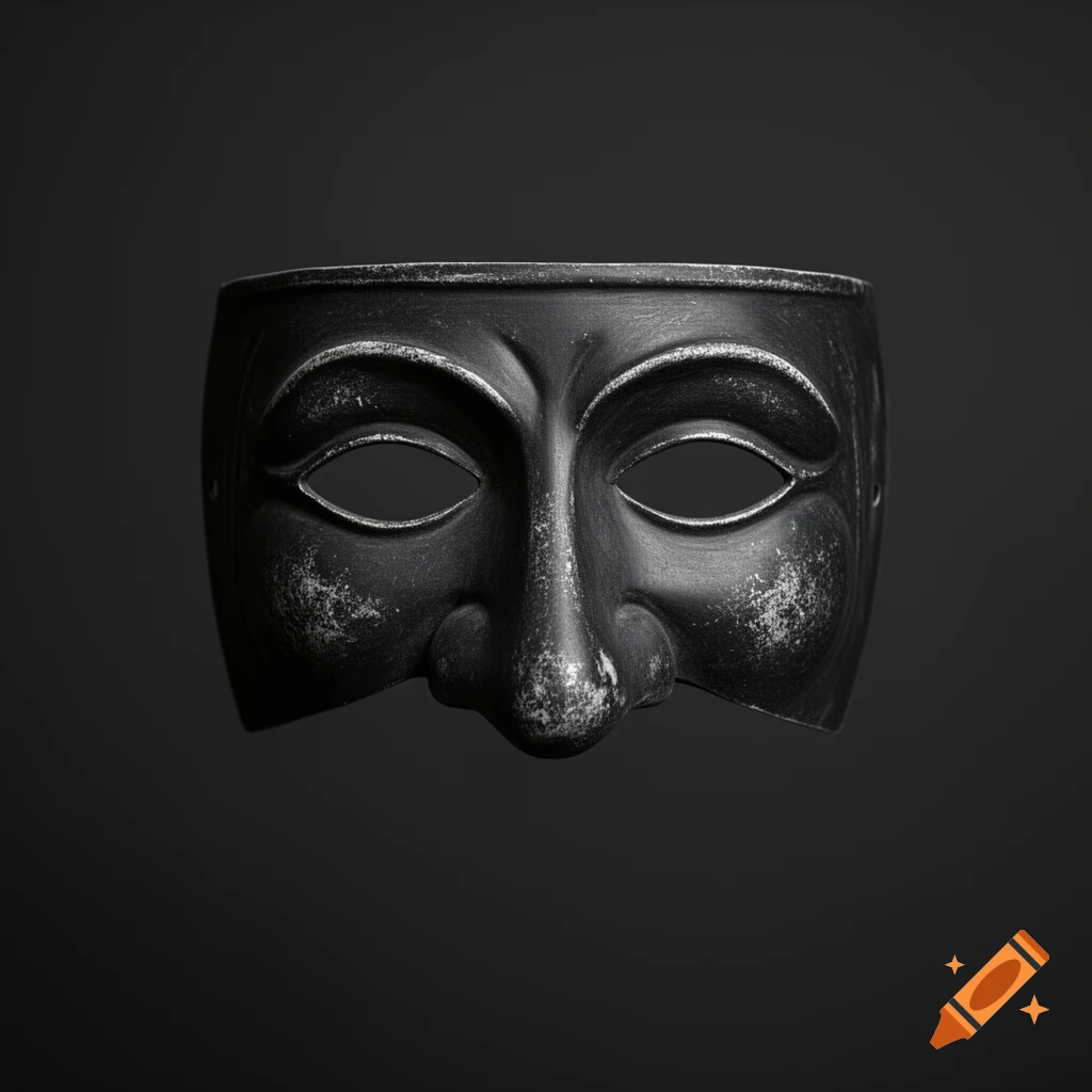 A matte black theatrical half-mask with a bulbous nose and subtle white aged accents, against a dark background.