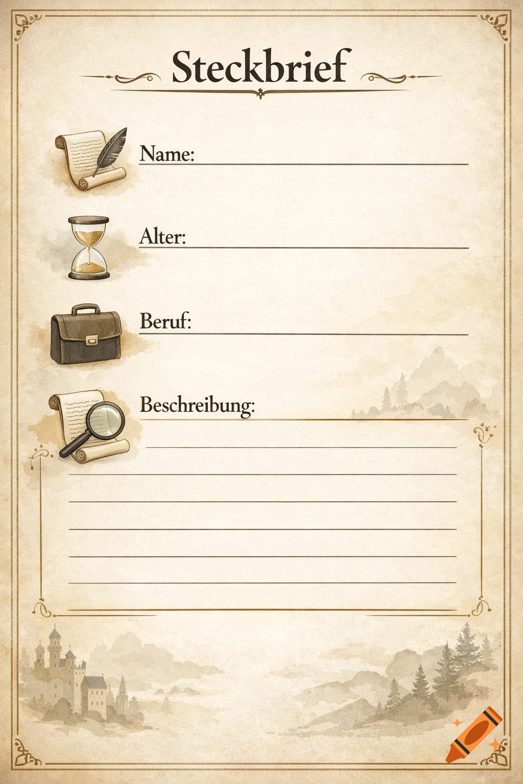 Vintage-style 'Steckbrief' (profile) form with fields for name, age, profession, description, and fantasy illustrations.