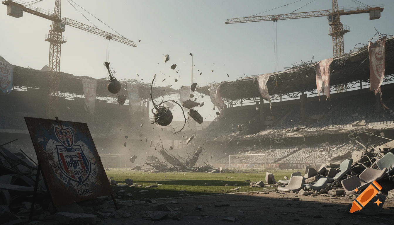 A photorealistic image of an empty soccer stadium undergoing demolition, with debris flying and cranes overhead, giving it an abandoned, ruined appearance.
