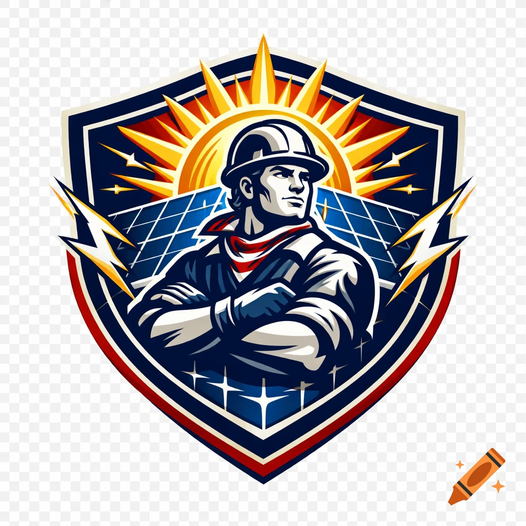 A bold shield logo featuring a figure in a hard hat, stylized sun, and solar panels, in a patriotic, clean vector style.