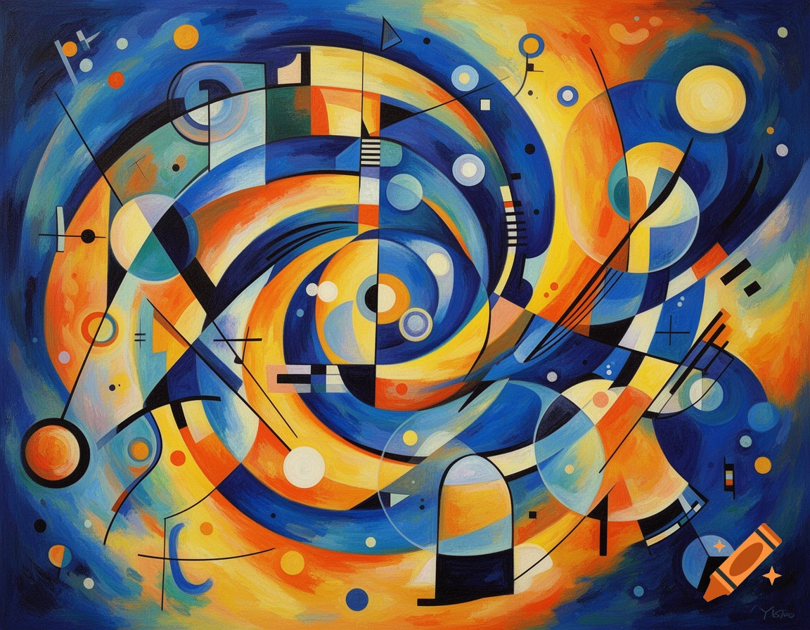 Abstract painting in Kandinsky style with swirling blues, oranges, and yellows, geometric shapes, and lines.