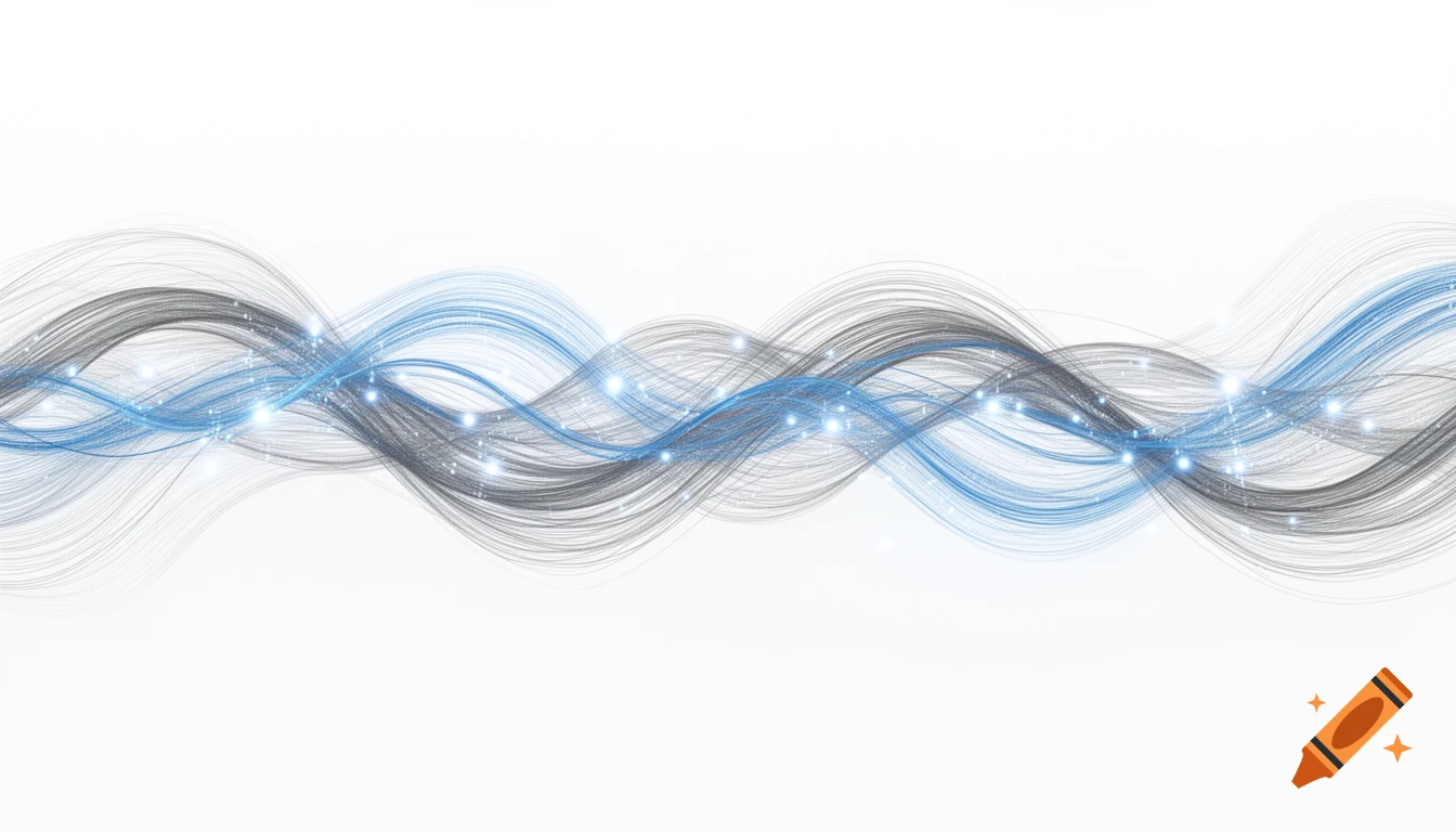 Abstract blue and gray wavy lines resembling data streams with glowing light points against a white background.