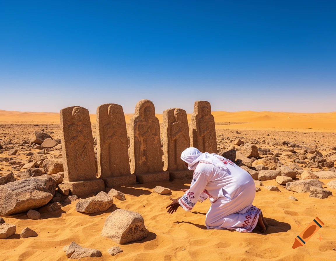 A person in white robes kneels in a vast sandy desert before five ancient stone idols under a clear blue sky, photorealistic.