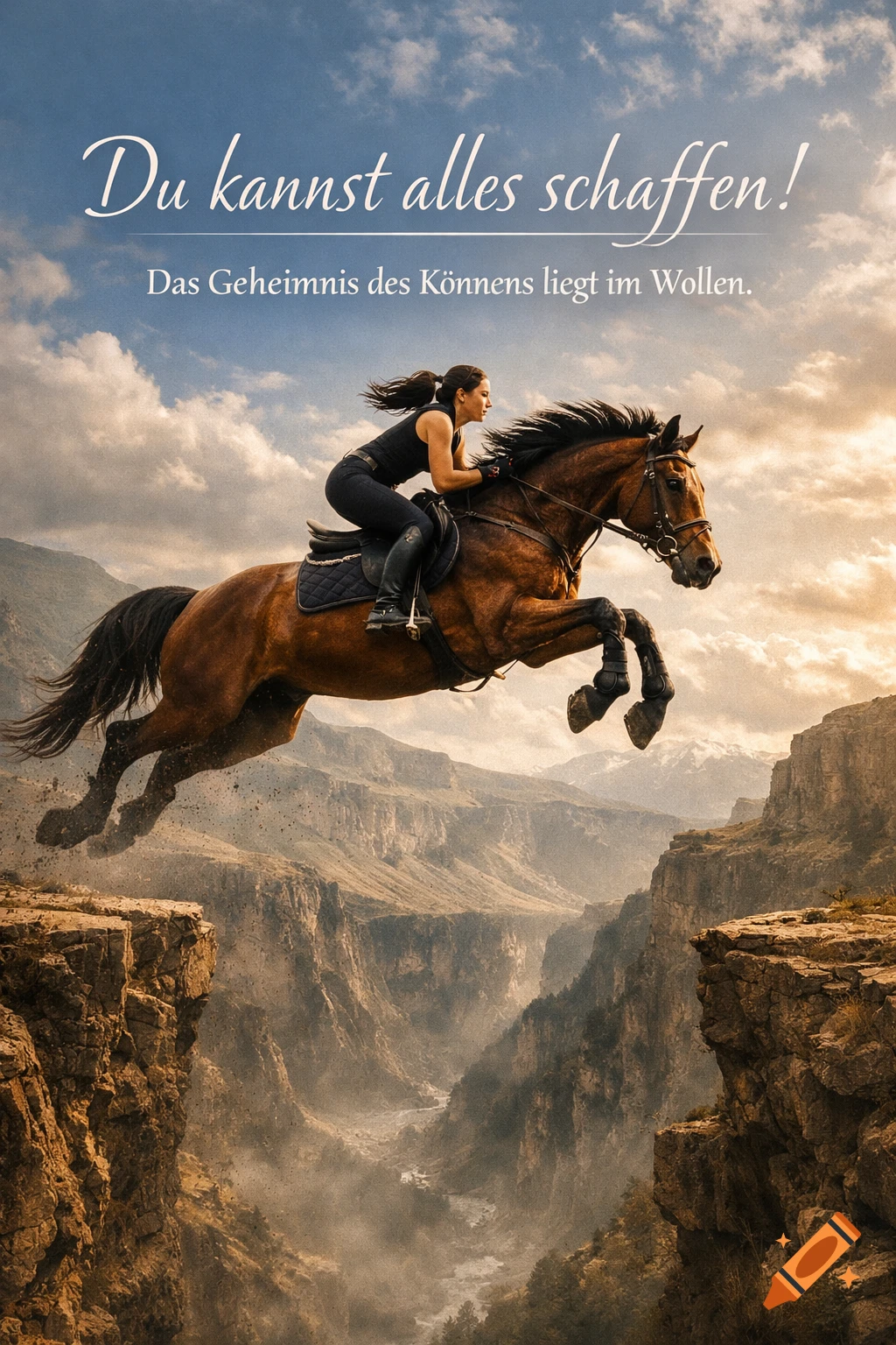 Photorealistic image of a female rider on a brown horse leaping over a vast mountain canyon, with motivational German text.