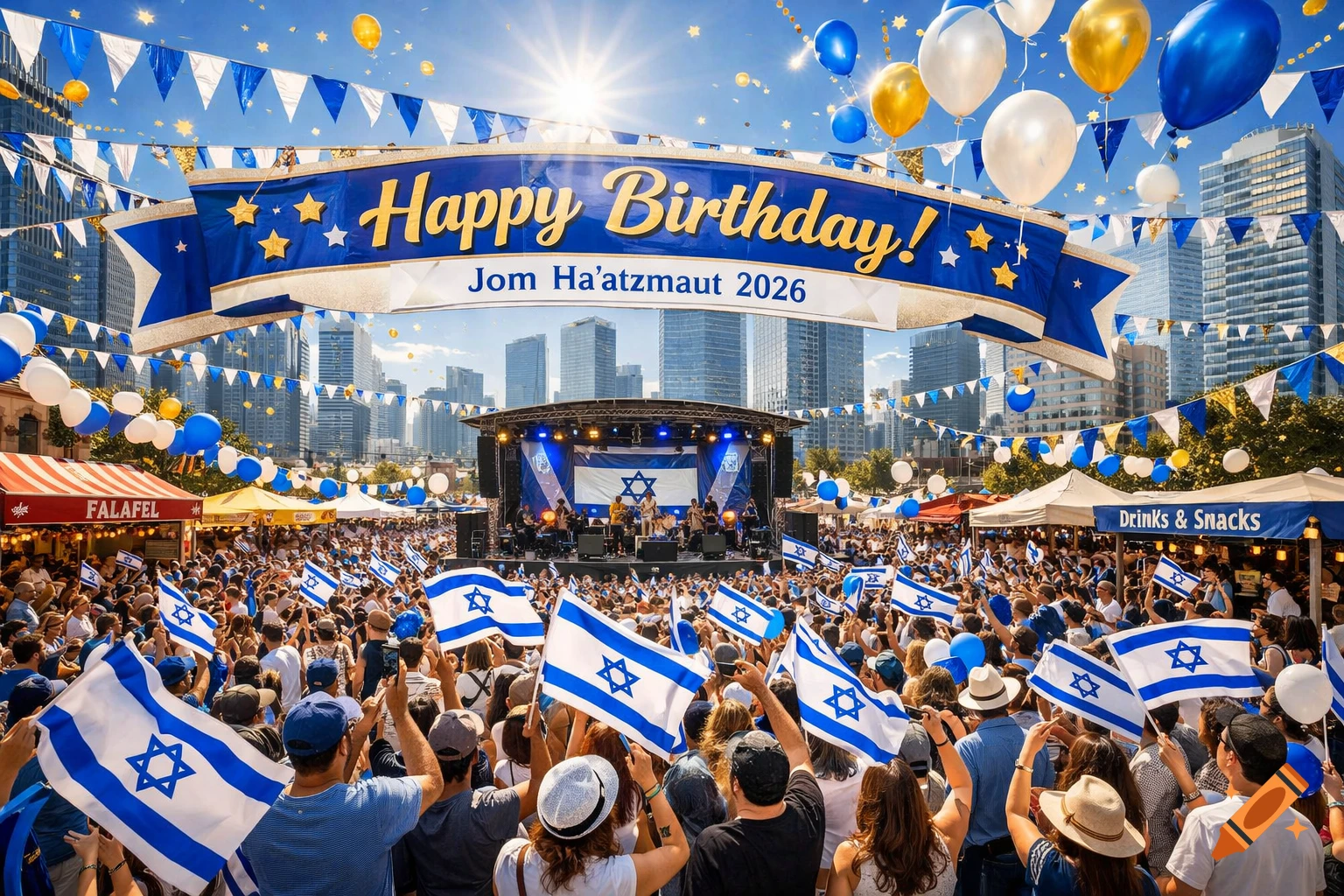 Photorealistic image: A crowded outdoor festival in a city with people waving Israeli flags, balloons, and a banner 'Happy Birthday! Jom Ha'atzmaut 2026'.