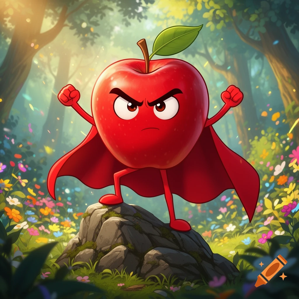 A bright cartoon red apple superhero with a determined expression and red cape stands heroically on a rock in a colorful forest.