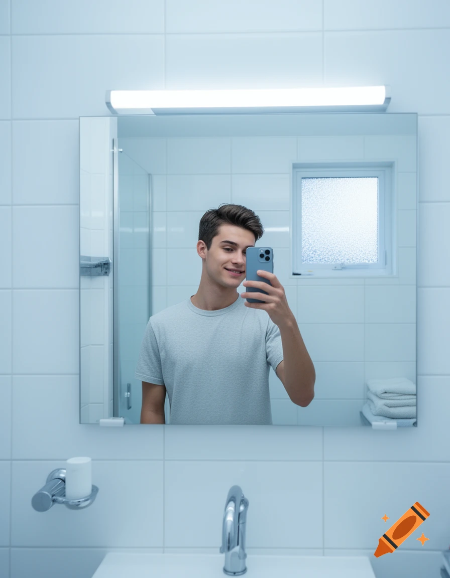 Young man smiles while taking a selfie in a clean, white-tiled bathroom mirror.