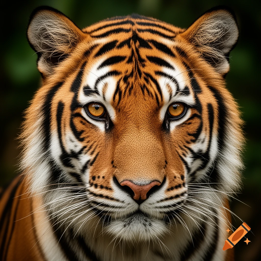 Close-up photorealistic portrait of a tiger's face with striking orange eyes and black stripes.