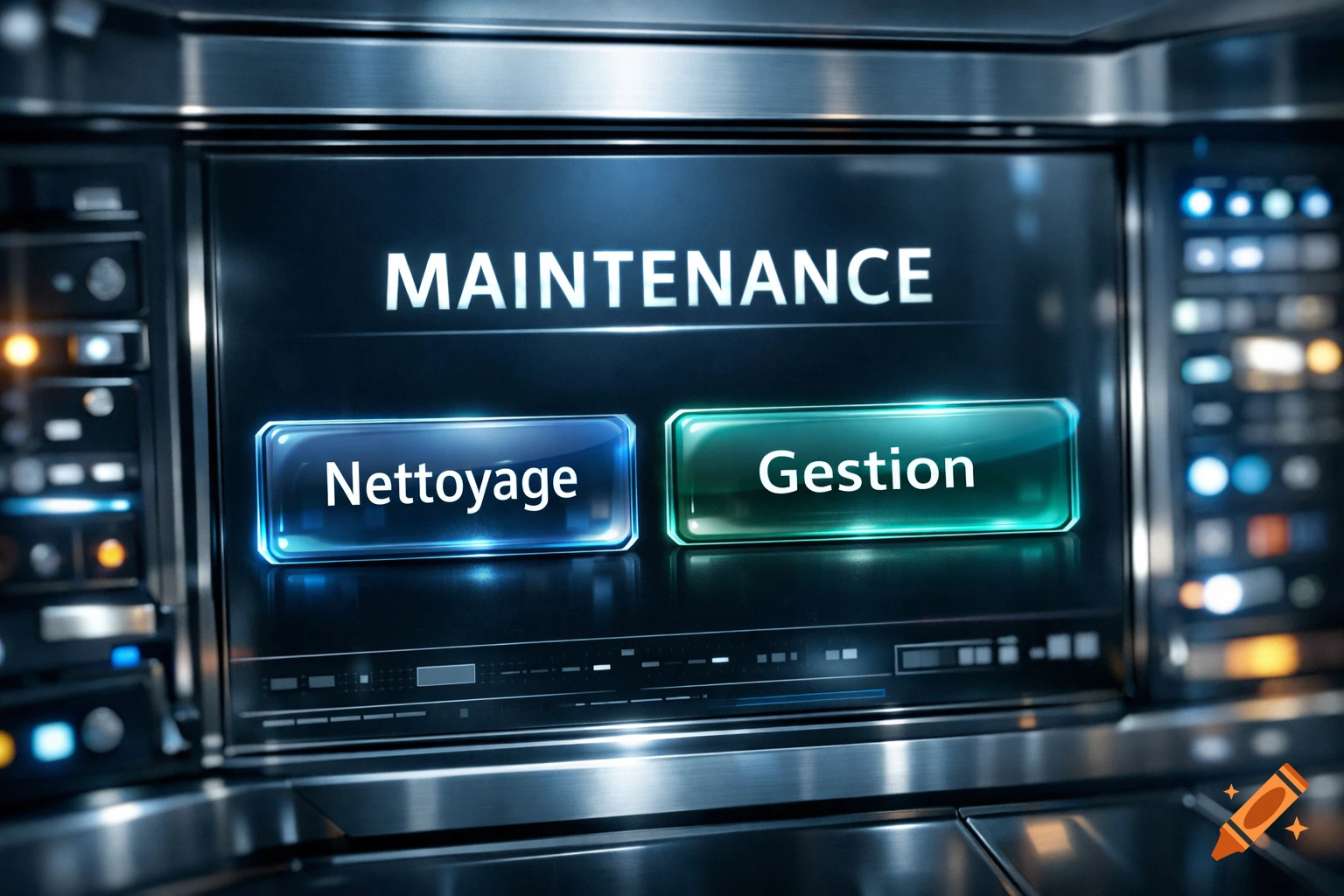 A close-up of a digital interface screen displaying 'MAINTENANCE' with two glowing buttons labeled 'Nettoyage' and 'Gestion' below.