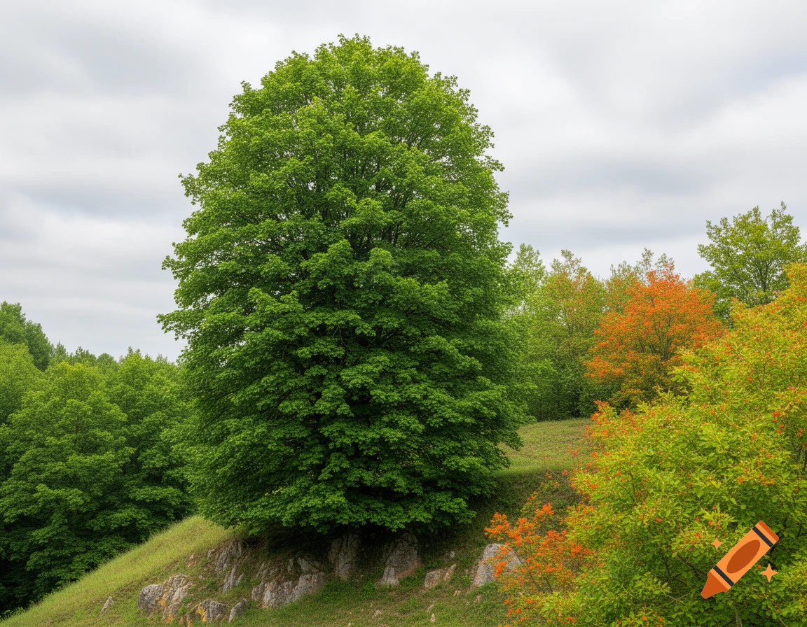 A large, lush green tree stands on a rocky hill under a cloudy sky, with other green and orange-leafed trees in the background.