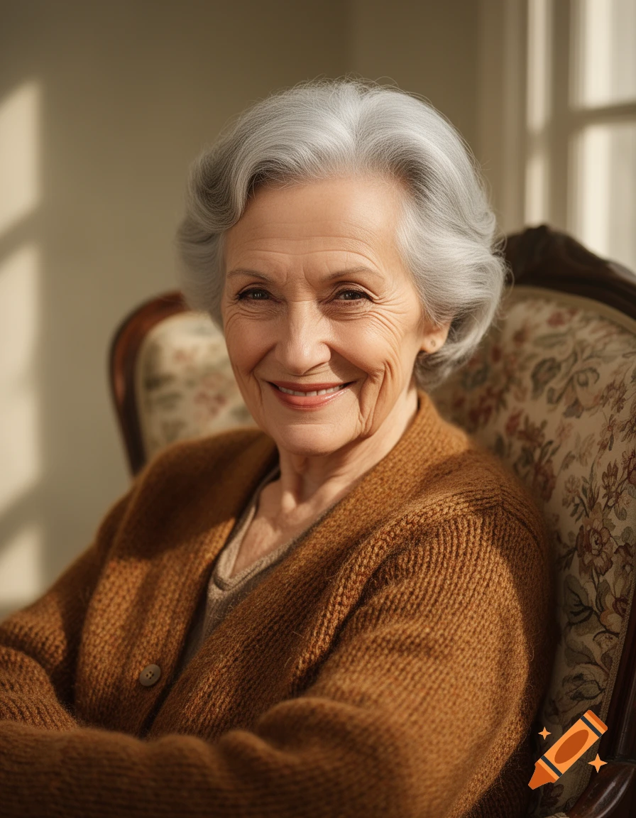 A smiling elderly woman with gray hair wearing a brown cardigan sits in a patterned armchair, bathed in warm sunlight.