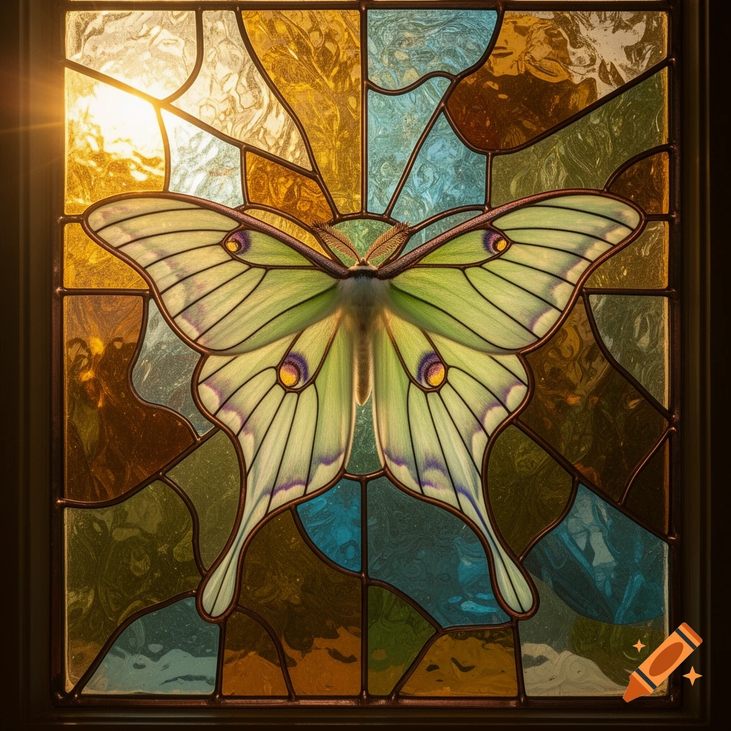 A vibrant stained glass window featuring a large green luna moth against colorful glass panels, illuminated by sunlight.