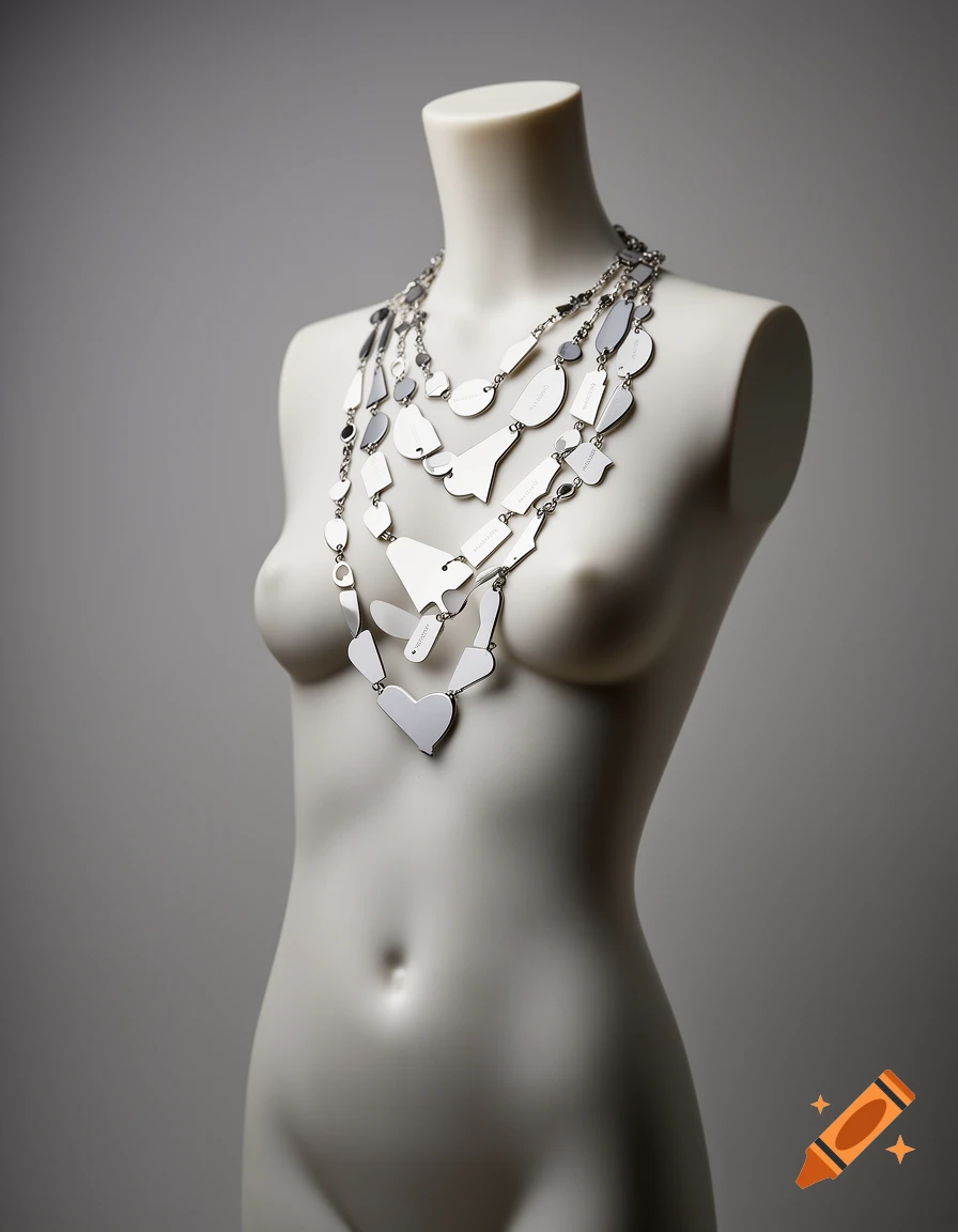 White mannequin torso adorned with multiple layers of silver and white abstract necklaces, studio shot.