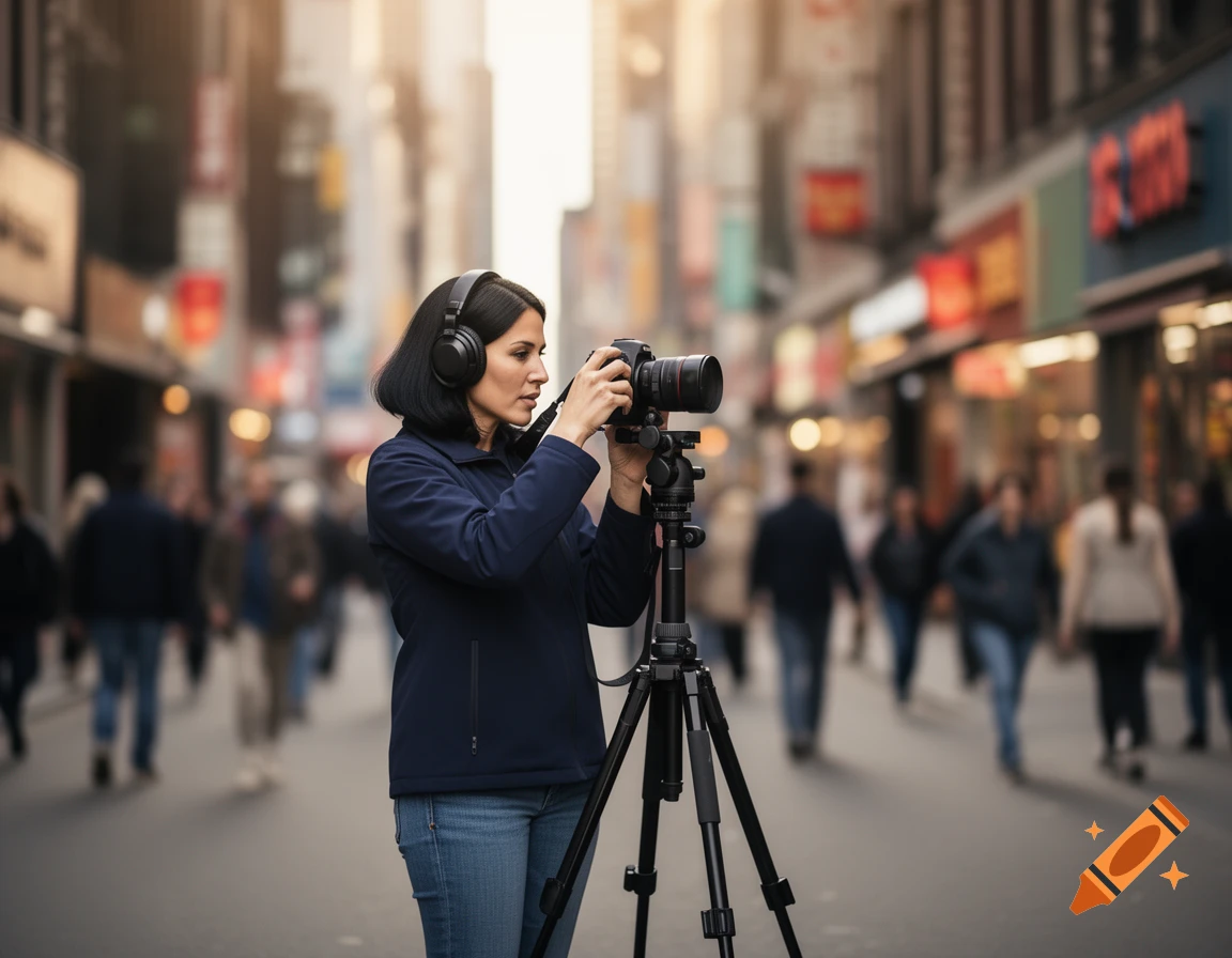 A woman with headphones operates a camera on a tripod in a busy, sunlit urban street, taking photos or filming.