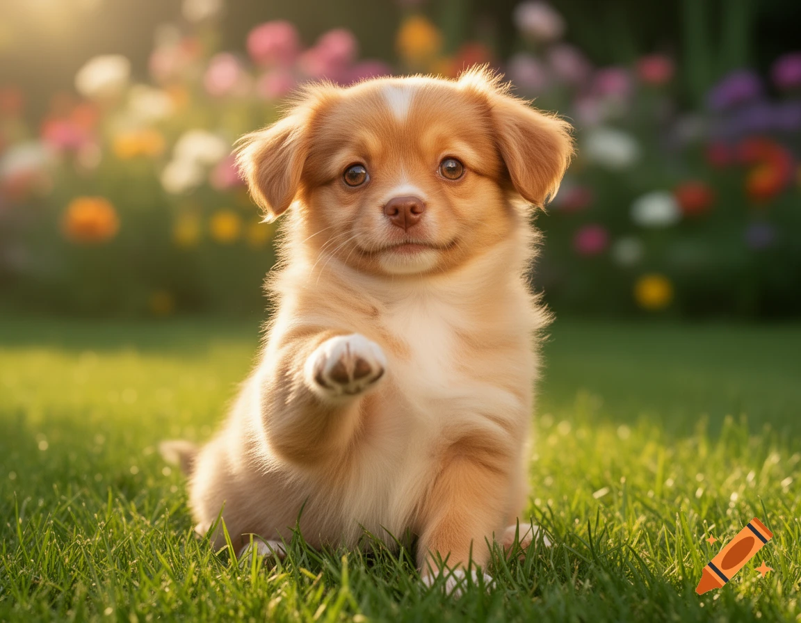 A cute, fluffy brown and white puppy sits in green grass with one paw raised. Blurred colorful flowers in the sunny background. Photorealistic.