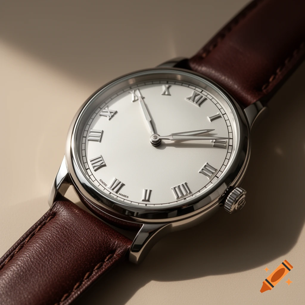 Close-up of a silver watch with a white face, Roman numerals, and a brown leather strap, on a light surface.