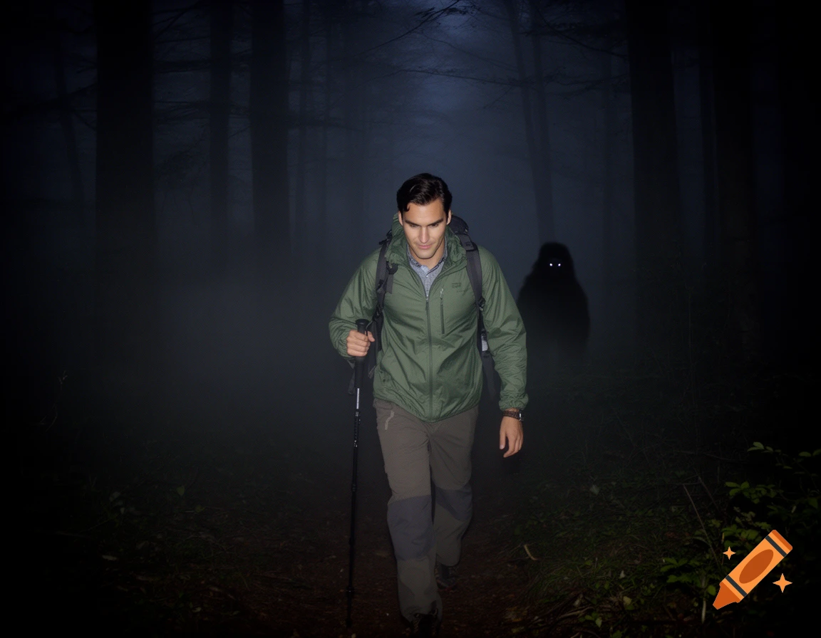 A man resembling Roger Federer hikes through a dark, foggy forest at night, pursued by a shadowy creature with glowing eyes.