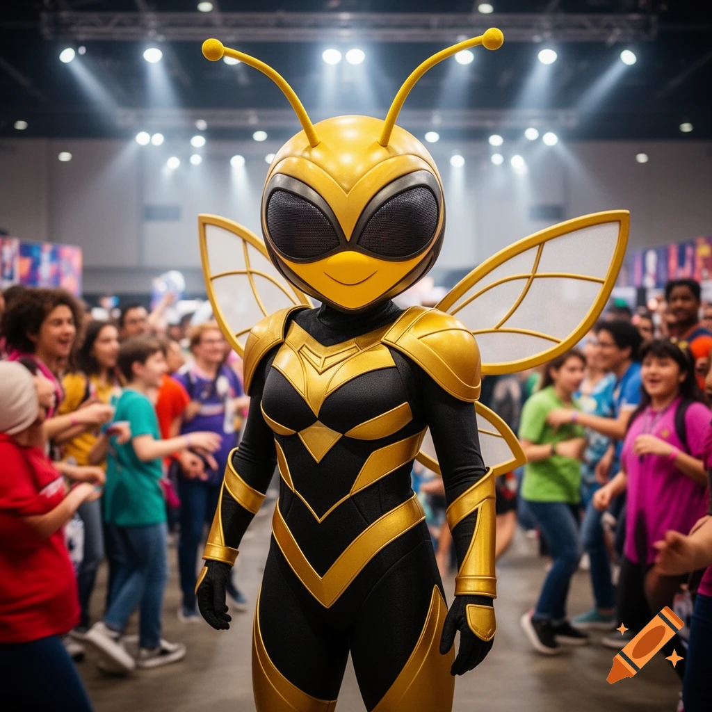 Photorealistic image of a person in a detailed gold and black bee mascot costume standing in a brightly lit convention hall filled with blurred people.